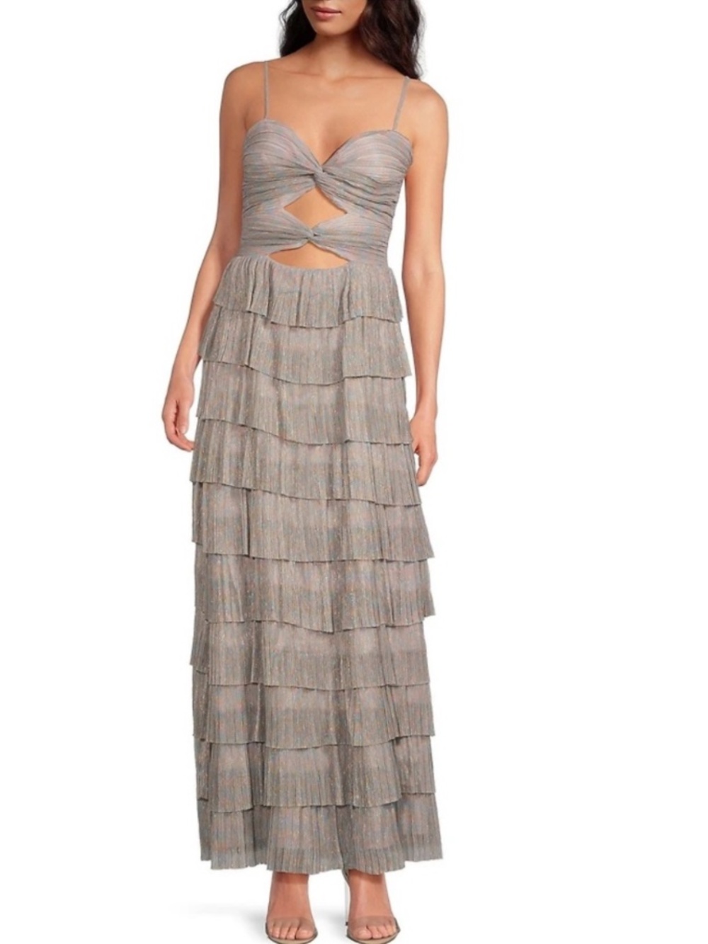 NWT Gianni Bini Grace Metallic Plisse Sweetheart Neck Cut-Out Tiered Dress Sz 4 - Picture 5 of 6